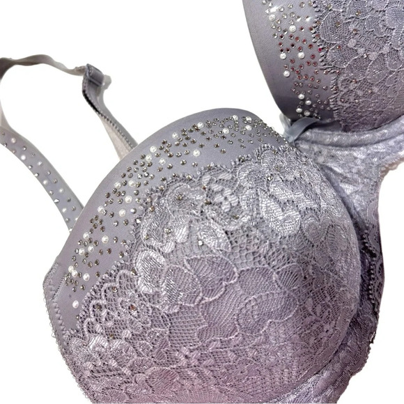 New Victoria’s Secret Dream Angels Rhinestone Pearl Demi Gray Bra Size 32DD - Picture 5 of 12